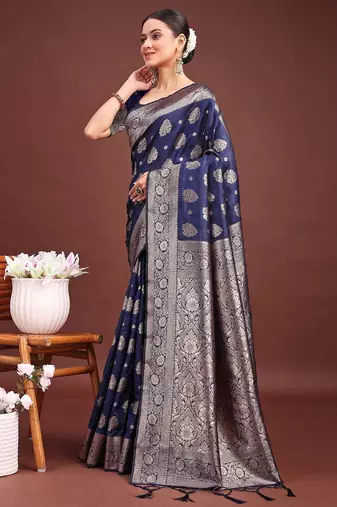 Navy blue banarasi silk saree with blouse