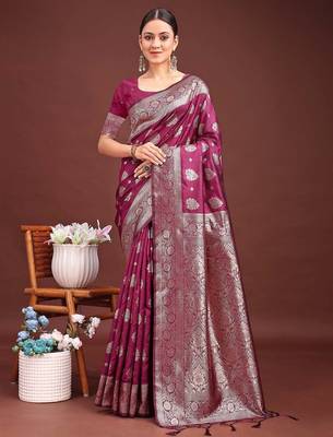 Purple banarasi silk saree with blouse 1