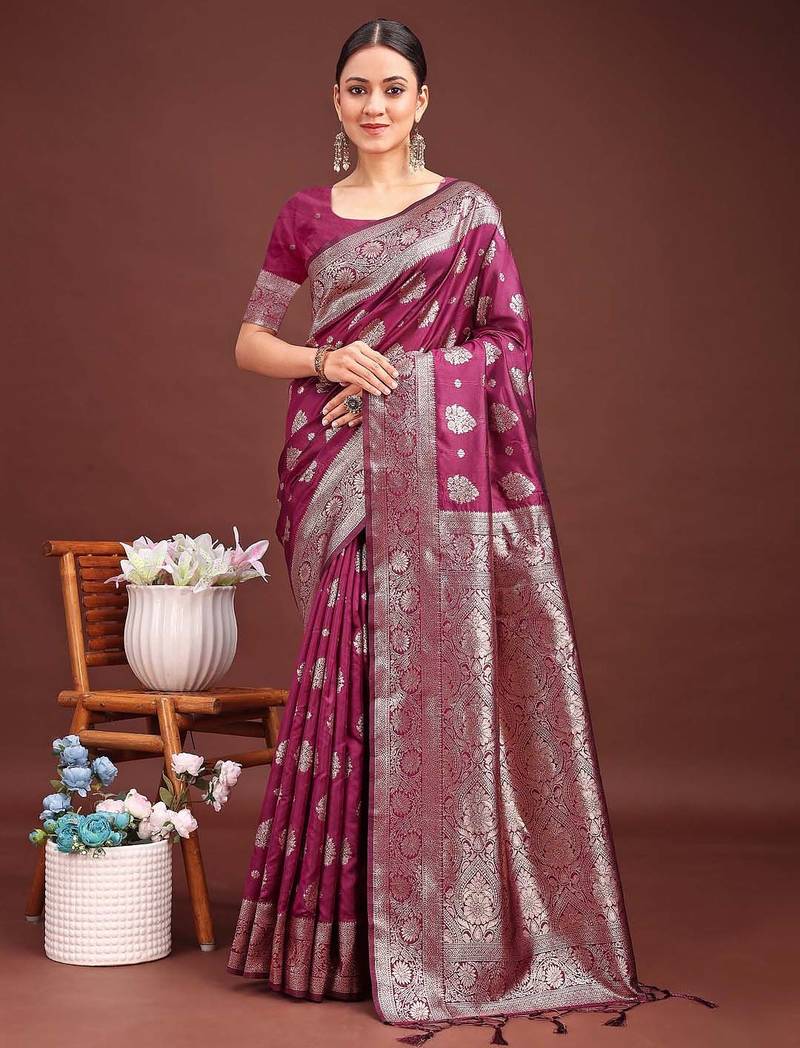 Purple banarasi silk saree with blouse