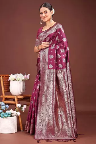 Purple banarasi silk saree with blouse