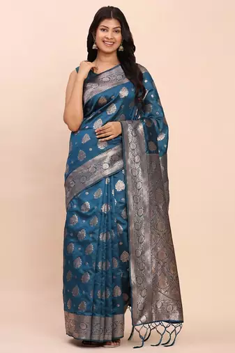 Blue banarasi silk saree with blouse