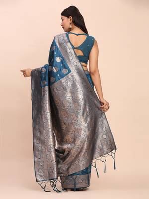 Blue banarasi silk saree with blouse 3