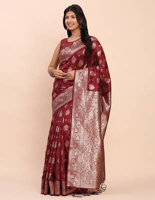 Maroon banarasi silk saree with blouse 1