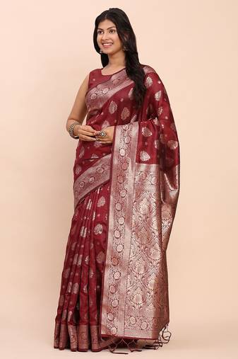 Maroon banarasi silk saree with blouse