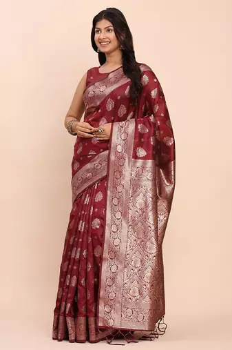 Maroon banarasi silk saree with blouse