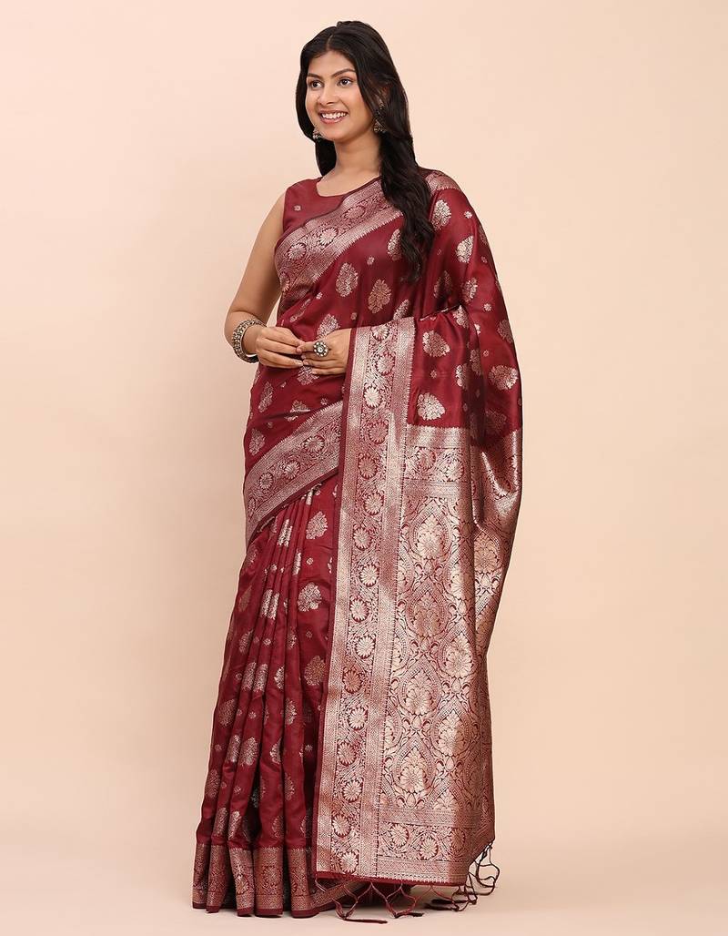 Maroon banarasi silk saree with blouse