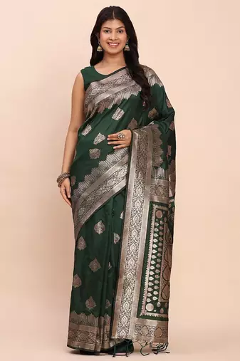 Dark green banarasi silk saree with blouse
