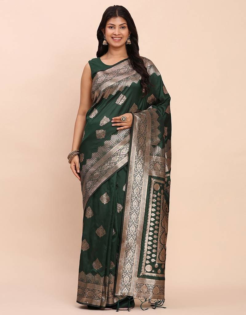 Dark green banarasi silk saree with blouse