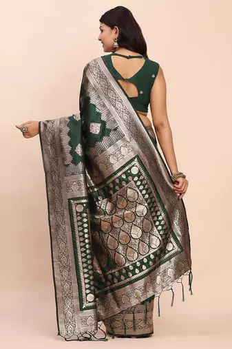 Dark green banarasi silk saree with blouse