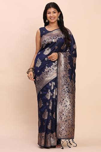 Navy blue banarasi silk saree with blouse