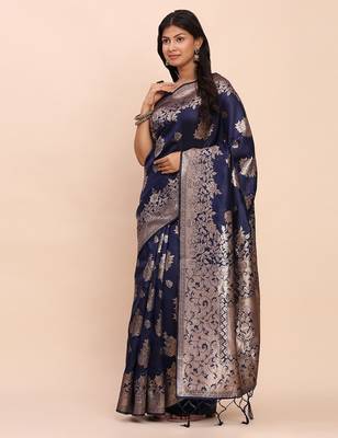 Navy blue banarasi silk saree with blouse 2