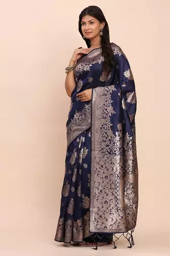 Navy blue banarasi silk saree with blouse