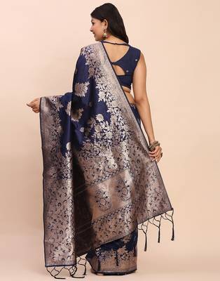 Navy blue banarasi silk saree with blouse 3