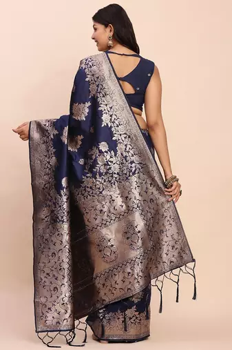 Navy blue banarasi silk saree with blouse