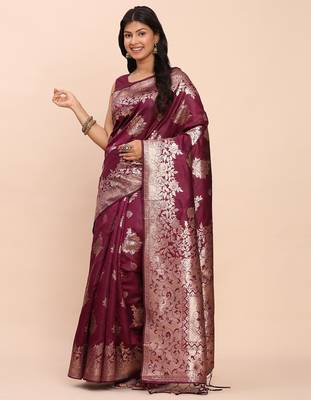 Purple banarasi silk saree with blouse 1