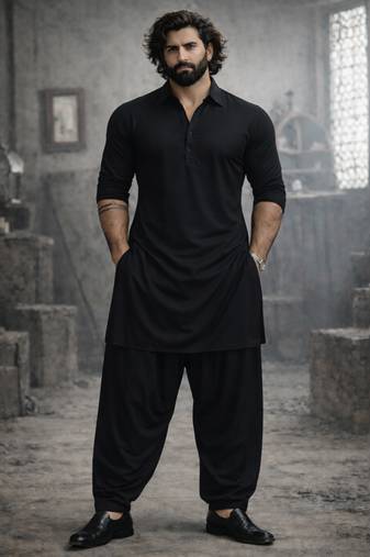Vastramay men black solid pathani kurta and patiala pyjama set | cotton kurta with relaxed fit pyjama