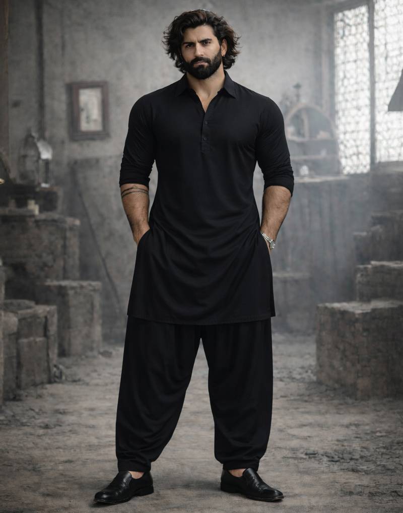 Vastramay men black solid pathani kurta and patiala pyjama set | cotton kurta with relaxed fit pyjama