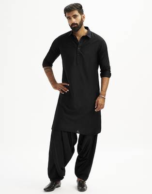 black cotton pathani kurta patiala pyjama set for men 2