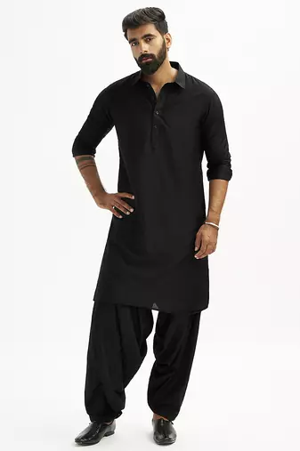 black cotton pathani kurta patiala pyjama set for men