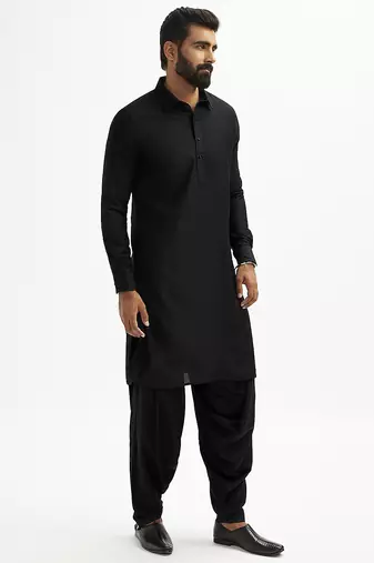 black cotton pathani kurta patiala pyjama set for men