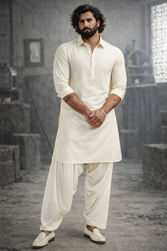 cream solid pathani kurta and patiala pyjama set | cotton kurta with relaxed fit pyjama