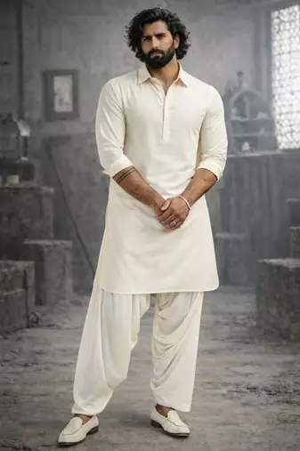 cream solid pathani kurta and patiala pyjama set | cotton kurta with relaxed fit pyjama