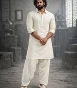 cream solid pathani kurta and patiala pyjama set | cotton kurta with relaxed fit pyjama