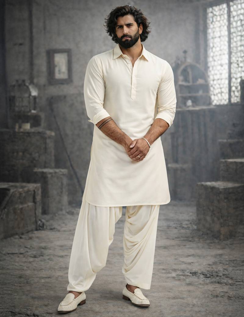 cream solid pathani kurta and patiala pyjama set | cotton kurta with relaxed fit pyjama