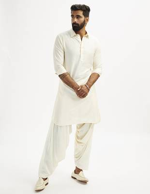 cream cotton pathani kurta patiala pyjama set for men 2