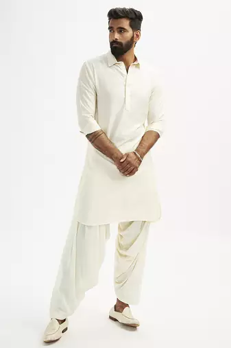 cream cotton pathani kurta patiala pyjama set for men