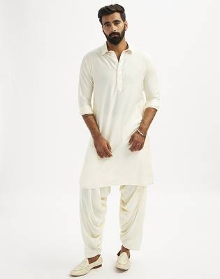 cream cotton pathani kurta patiala pyjama set for men 3