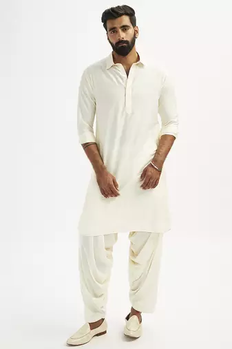 cream cotton pathani kurta patiala pyjama set for men