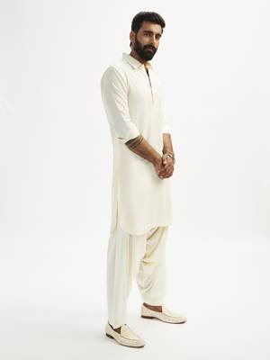 cream cotton pathani kurta patiala pyjama set for men 5