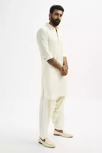 cream cotton pathani kurta patiala pyjama set for men