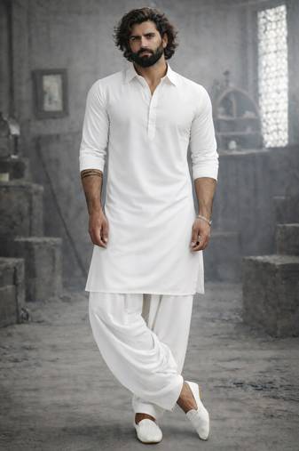 white solid pathani kurta and patiala pyjama set | cotton kurta with relaxed fit pyjama