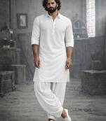 white solid pathani kurta and patiala pyjama set | cotton kurta with relaxed fit pyjama