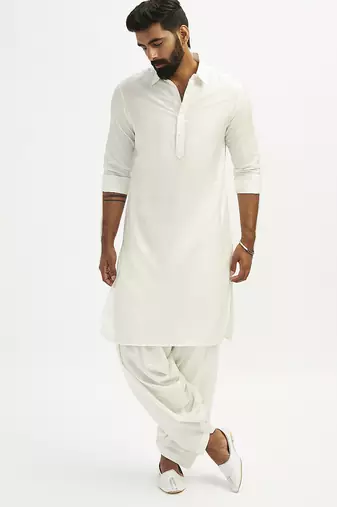 white cotton pathani kurta patiala pyjama set for men
