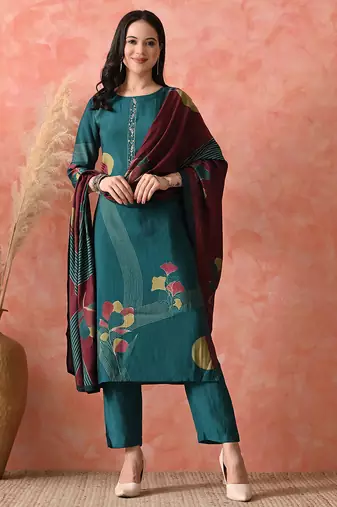 Teal color roman silk fabric designer partywear readymade suit
