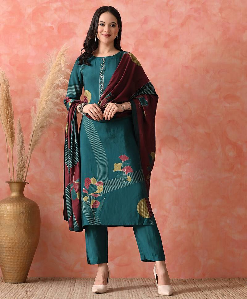 Teal roman silk kurta pant set