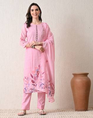 Pink polyester schfli kurta pant set 1