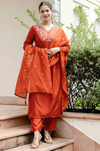 Rust viscose blend embroidery work  suit