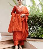 Rust viscose blend embroidery work  suit