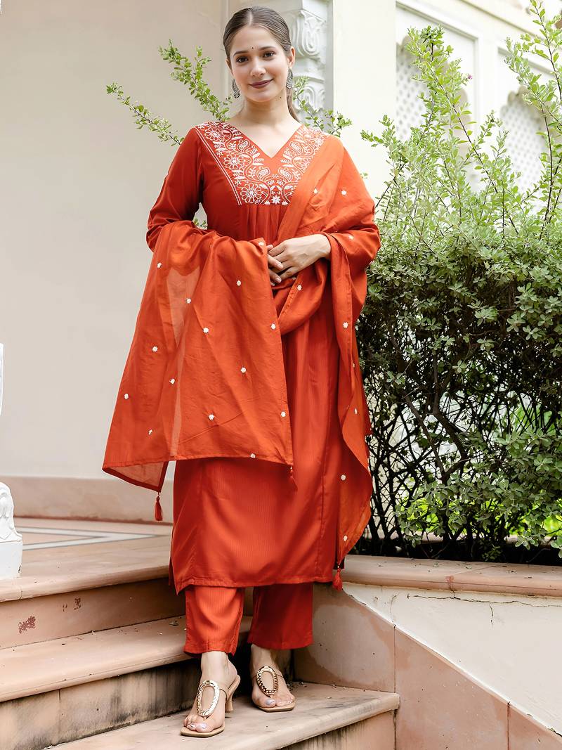 Rust viscose blend embroidery work  suit