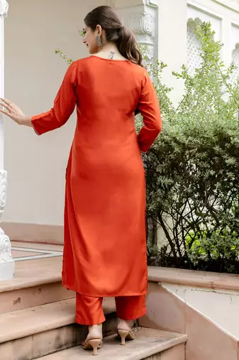 Rust viscose blend embroidery suit