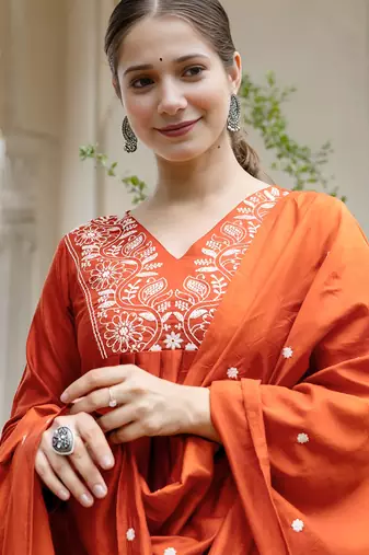 Rust viscose blend embroidery suit
