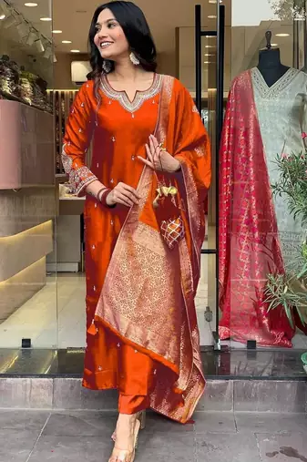 Rust embroidered ethnic suit