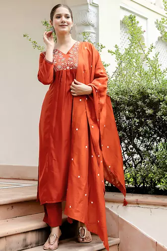 Rust viscose blend embroidery suit