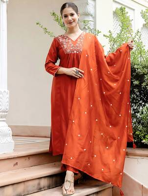 Rust viscose blend embroidery suit 5