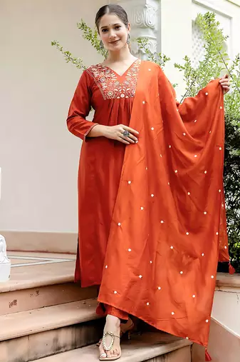 Rust viscose blend embroidery suit