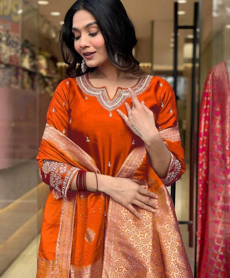 Rust embroidered ethnic suit